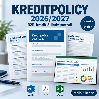 Kreditpolicy B2B 2026/2027 Word PDF Excel Svenska English