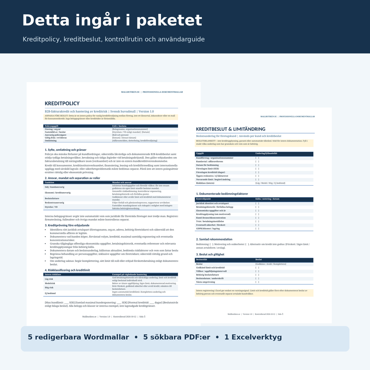 Kreditpolicy och kreditbeslutsblankett svenska Word PDF