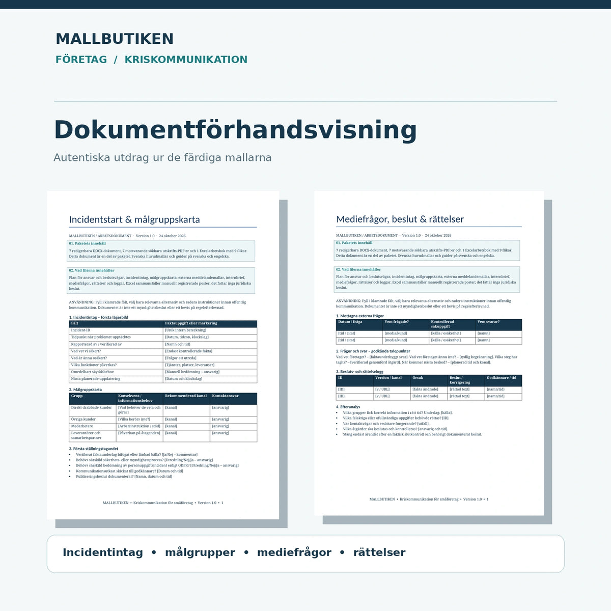 Utdrag ur incidentstart och mediefrågor från de svenska Word- och PDF-mallarna