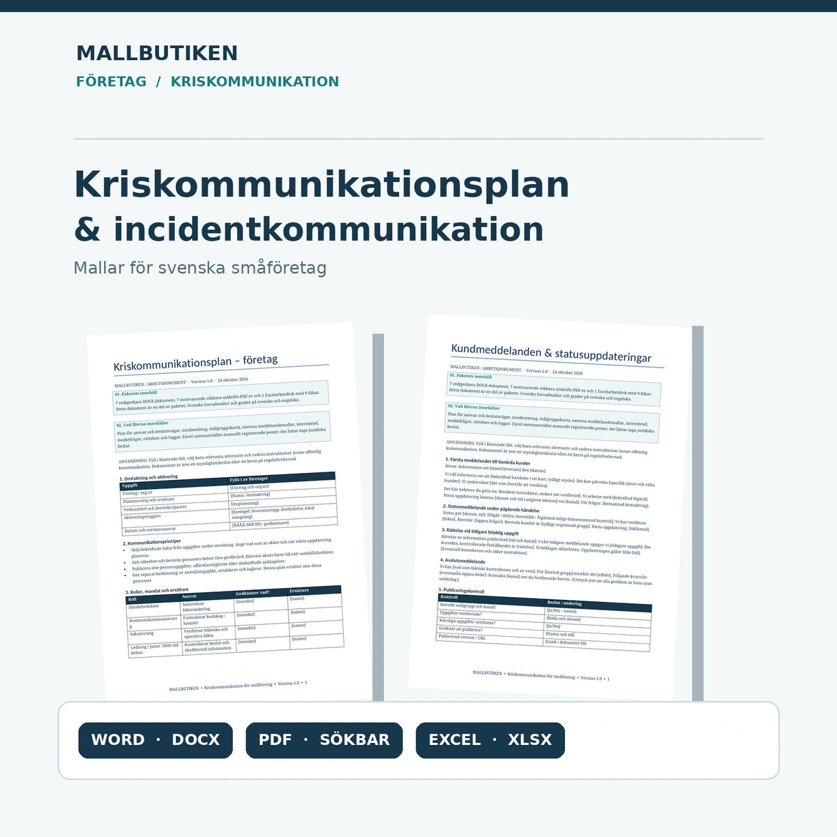 Kriskommunikationsplan för småföretag med autentisk dokumentförhandsvisning, Word, PDF och Excel