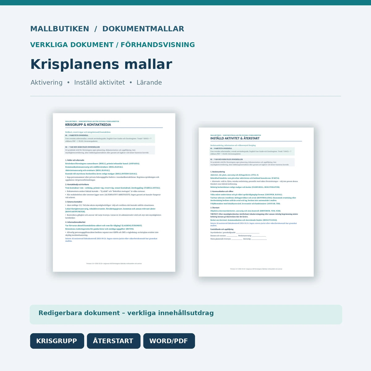 Verkliga Word- och PDF-mallar för krisgrupp, kontaktkedja och återstart av föreningsaktivitet