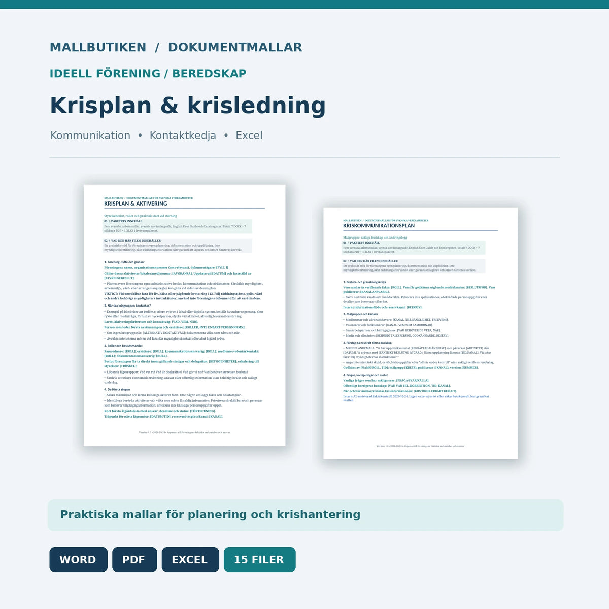 Krisplan och kriskommunikation för ideell förening – mallpaket Word PDF Excel