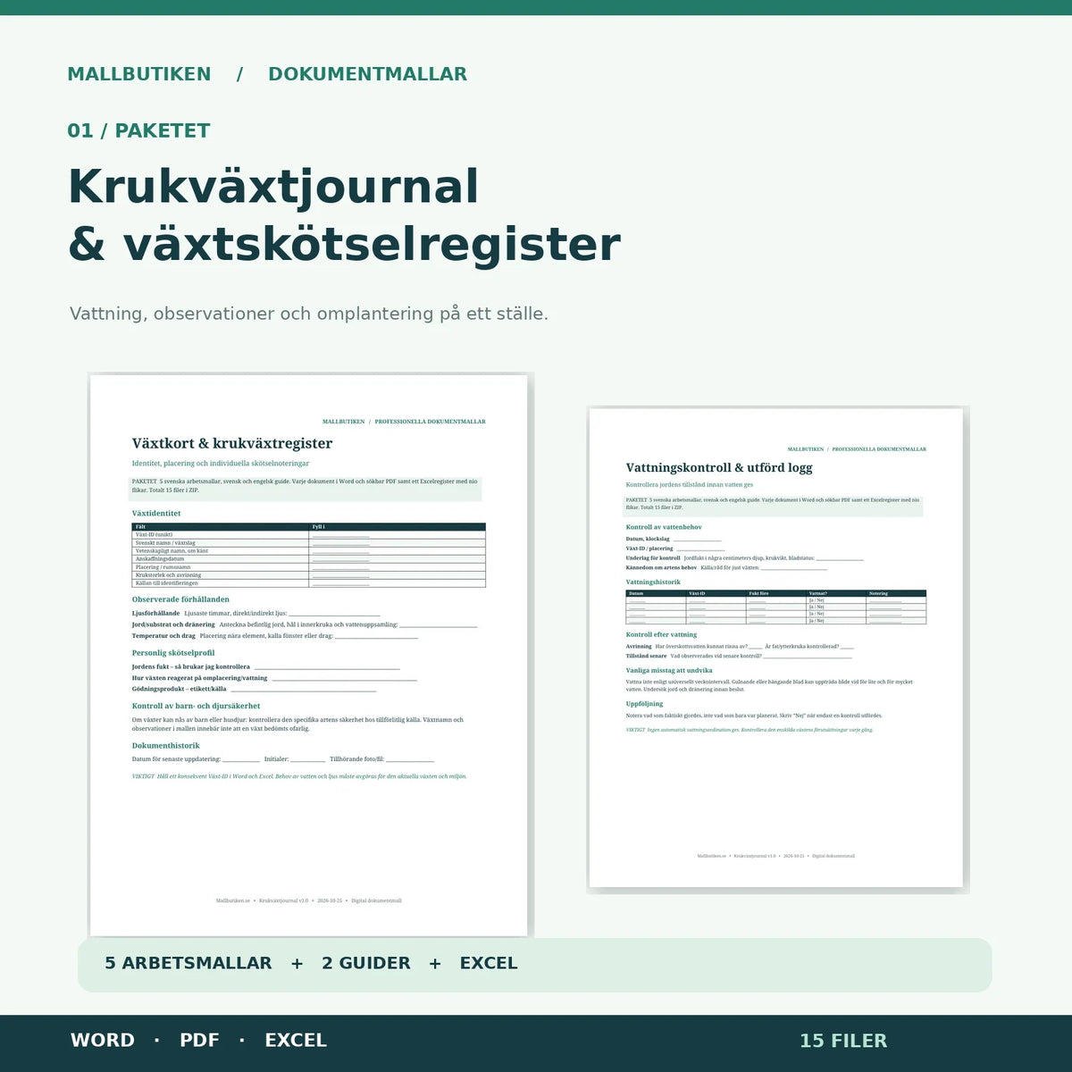 Krukväxtjournal och växtskötselregister – verkliga Word- och PDF-dokument