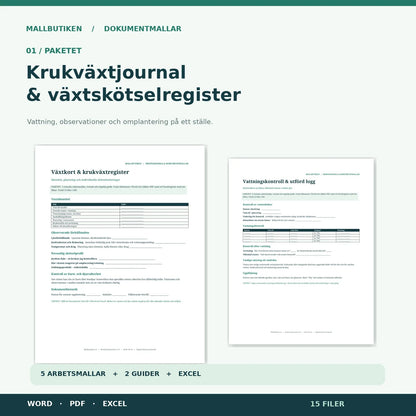 Krukväxtjournal och växtskötselregister – verkliga Word- och PDF-dokument