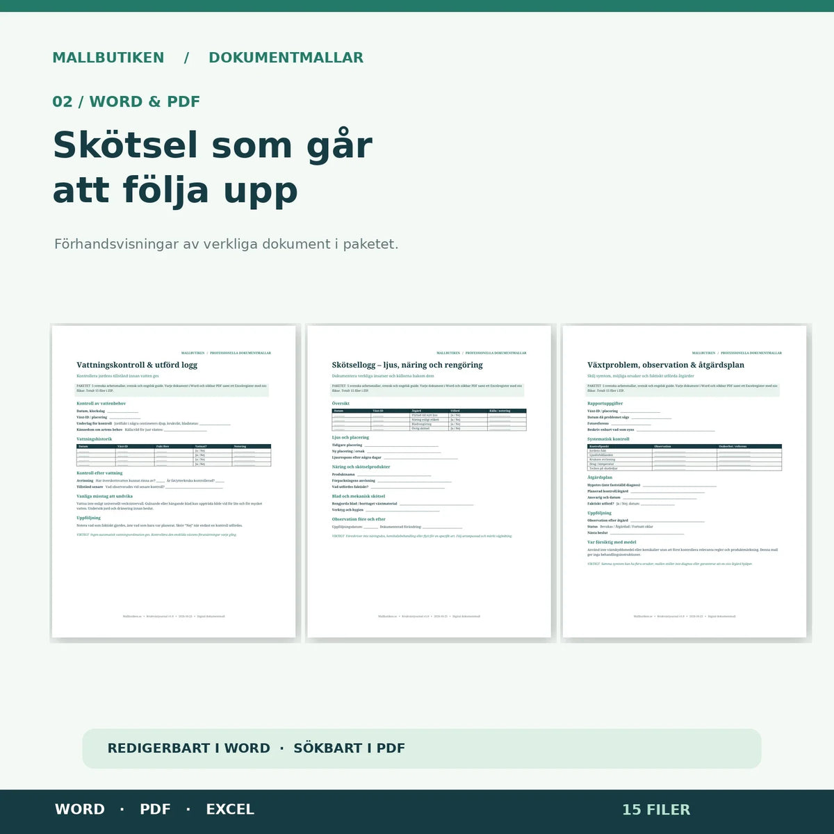 Förhandsvisning vattningslogg, skötselprotokoll och växtproblem i Word/PDF