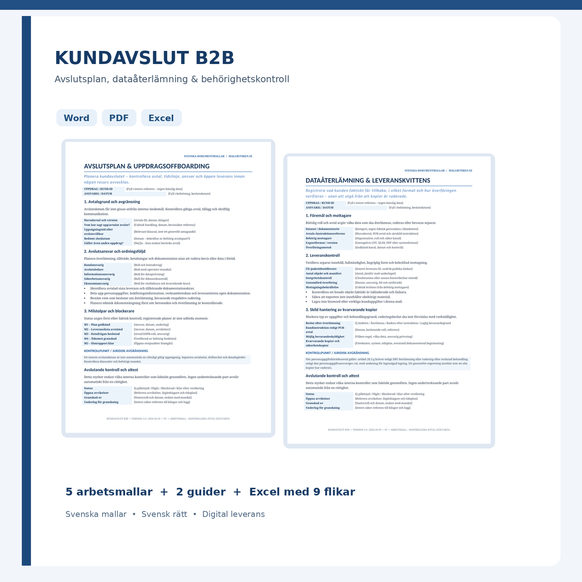 Kundavslut och uppdragsoffboarding B2B – Word, PDF och Excel, med verkliga dokumentutdrag