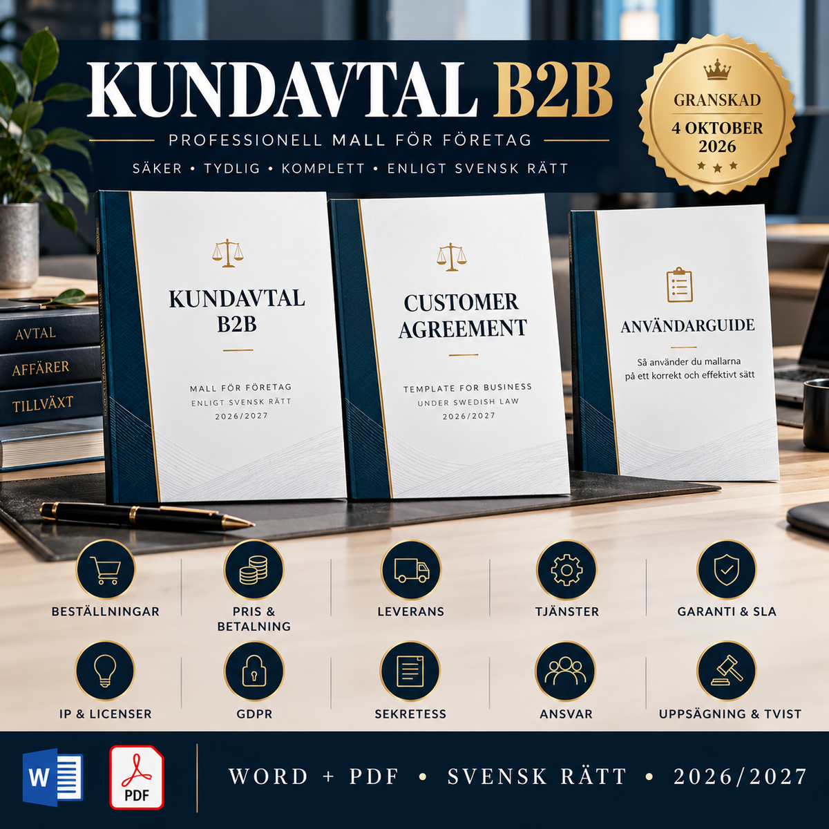 Kundavtal B2B 2026/2027 med pris, betalning, leverans, SLA, GDPR, ansvar, uppsägning och tvist