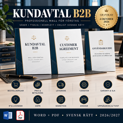 Kundavtal B2B 2026/2027 med pris, betalning, leverans, SLA, GDPR, ansvar, uppsägning och tvist