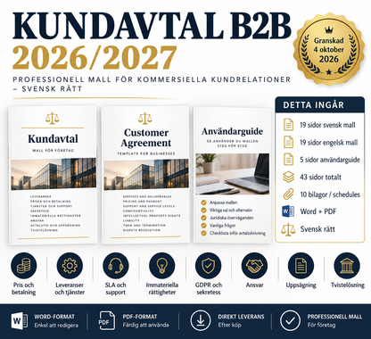 Kundavtal B2B mallpaket med 43 sidor, 10 bilagor, svensk och engelsk mall samt användarguide
