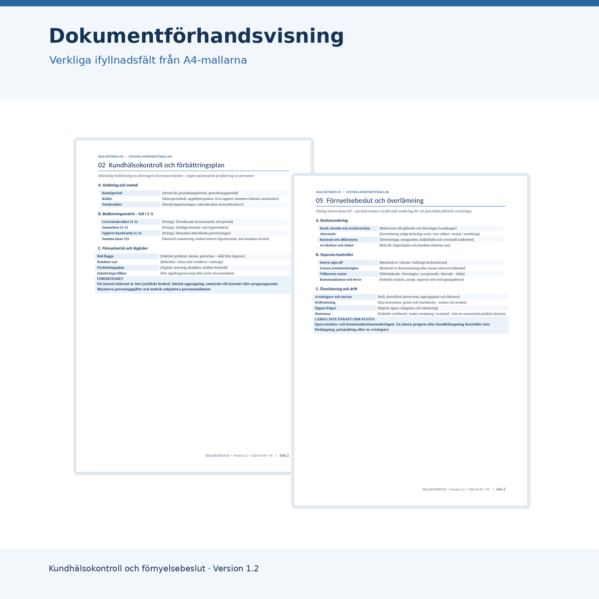 Autentisk förhandsvisning av kundhälsokontroll och förnyelsebeslut i svenska A4-mallar version 1.2