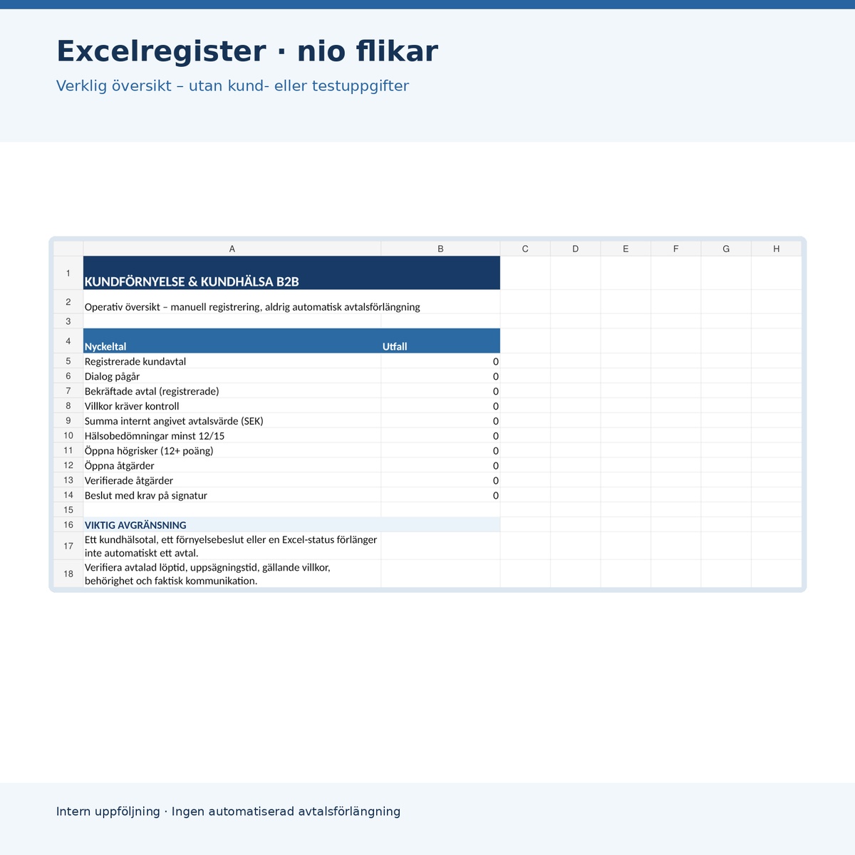 Autentisk förhandsvisning av Excelregistrets översikt för kundförnyelse B2B version 1.2