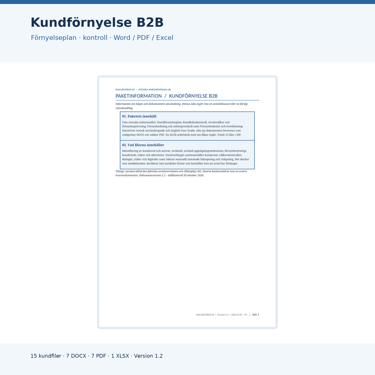 Kundförnyelse B2B version 1.2 – verklig A4-förnyelseplan samt Word, PDF och Excel