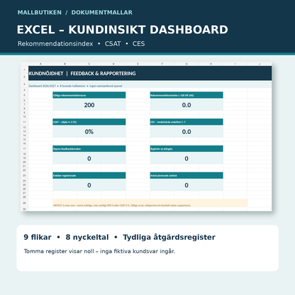 Excel dashboard för kundnöjdhetsundersökning med nio flikar, CSAT och CES