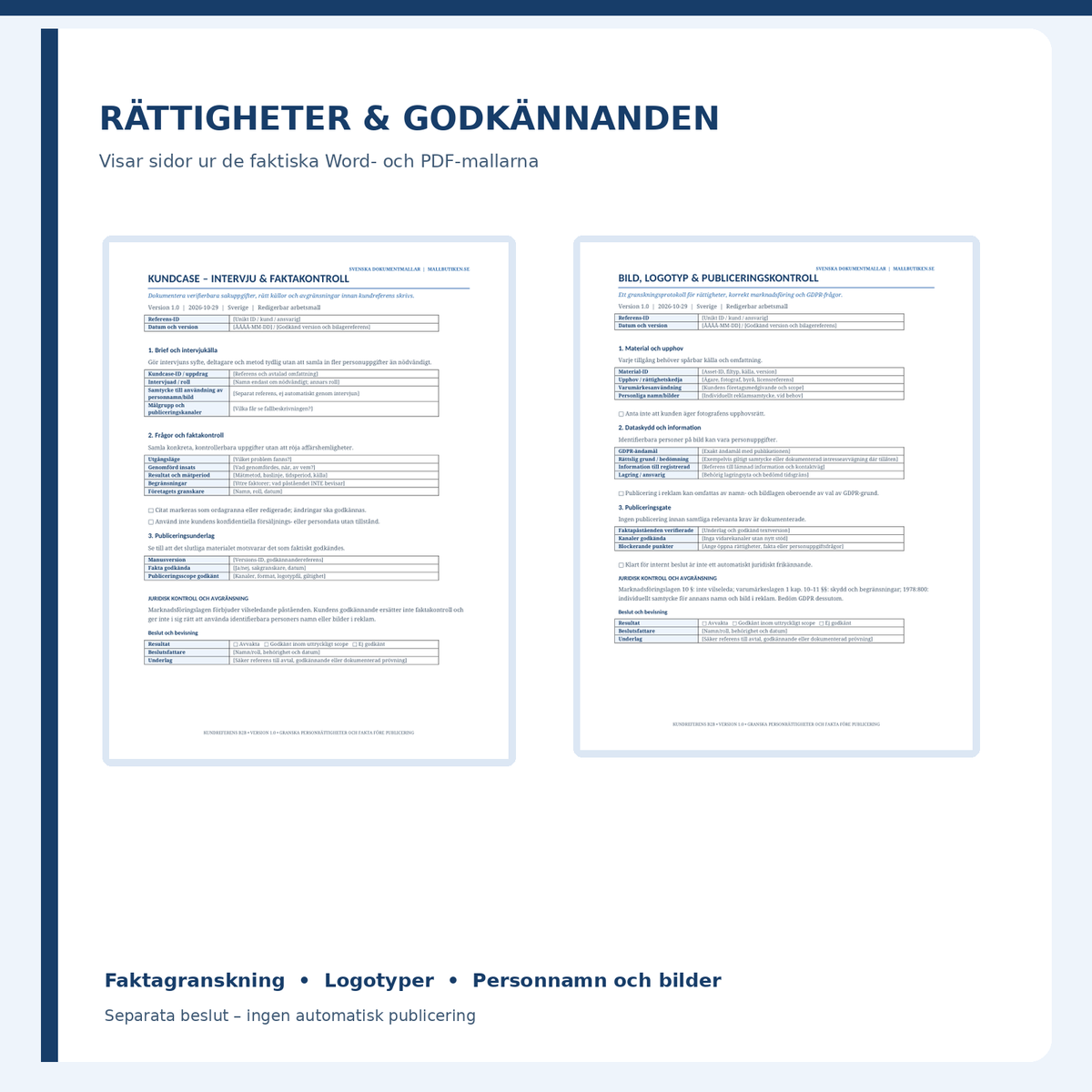 Förhandsvisning av intervjuguide och bild- och logotypkontroll ur mallpaketet
