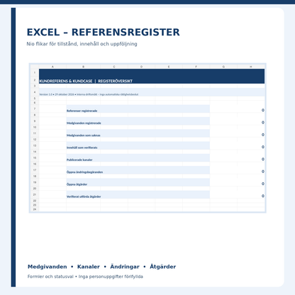 Excelöversikt med nio flikar, interna statusar och formelräknare