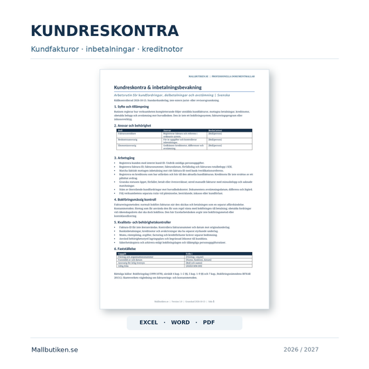 Kundreskontra och inbetalningsbevakning 2026 2027 i Excel Word PDF med verklig dokumentförhandsvisning