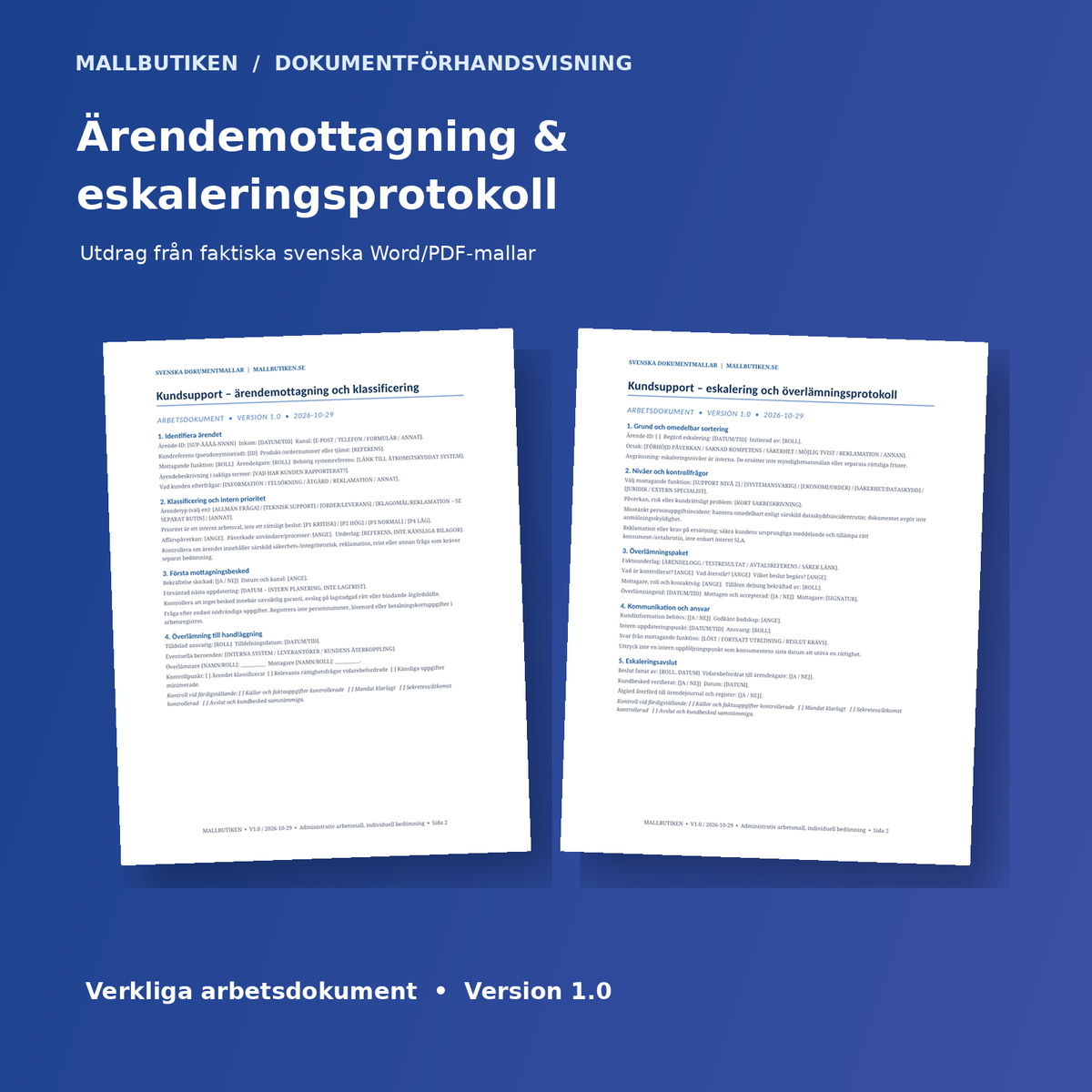Förhandsvisning från mottagningsmall och eskaleringsprotokoll