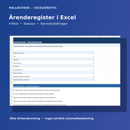 Excelöversikt från den faktiska arbetsboken med ärendestatus och sammanställning