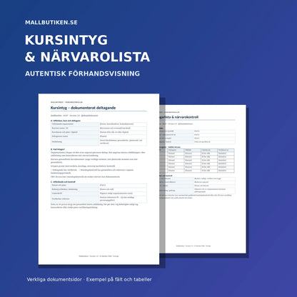 Kursintyg och deltagarlista verkliga dokumentbilder