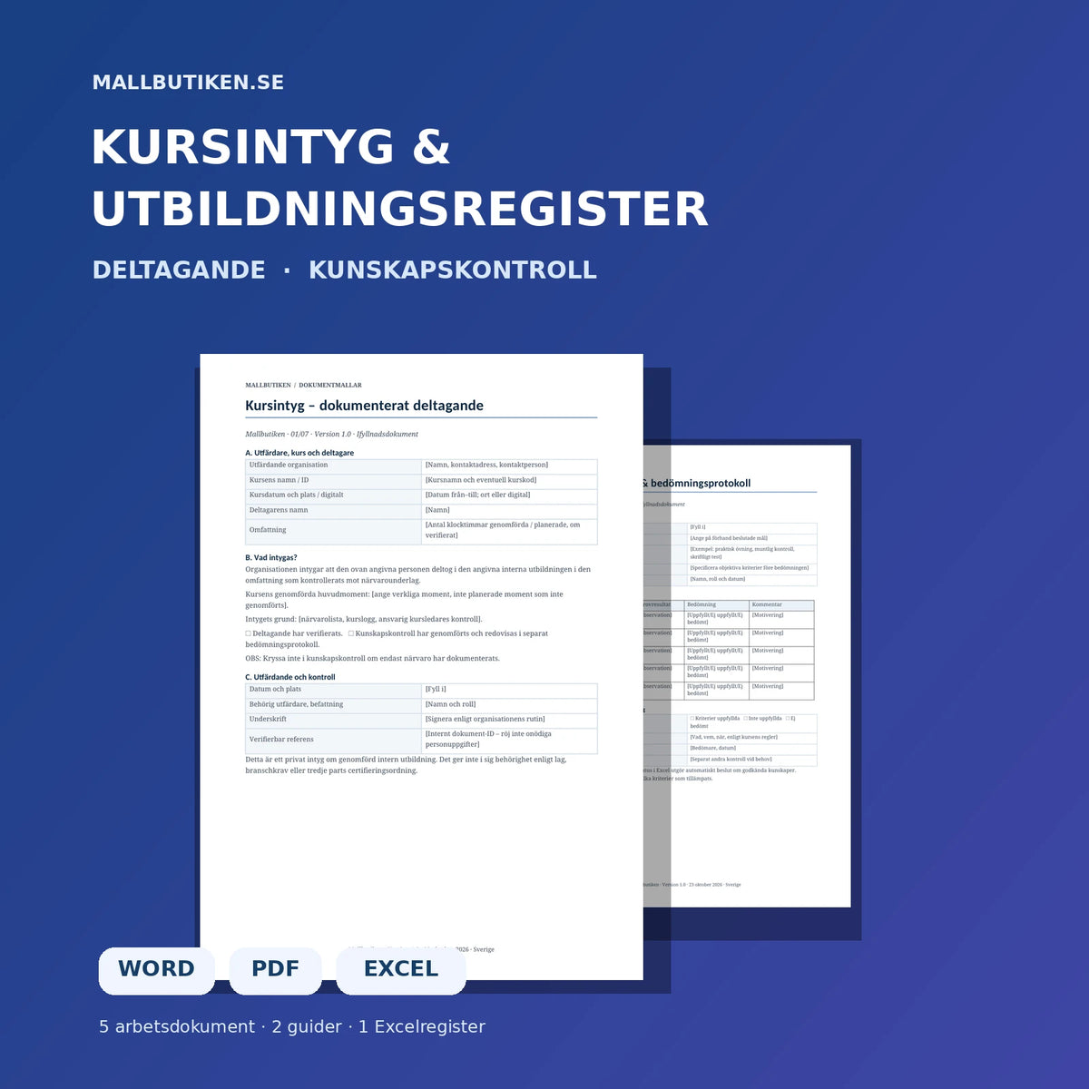 Kursintyg och utbildningsregister – Word PDF Excel
