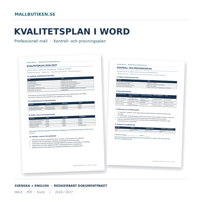 Kvalitetsplan och kontroll- och provningsplan redigerbara Wordmallar och PDF
