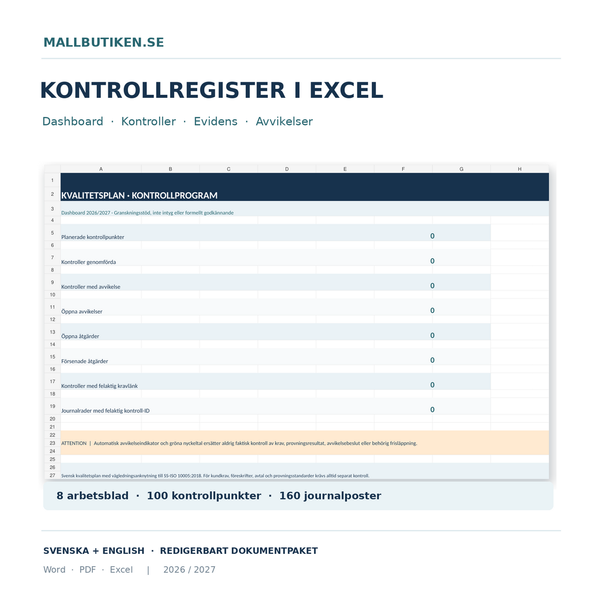 Kvalitetskontroller i Excel med kravregister kontrolljournal avvikelser och åtgärder
