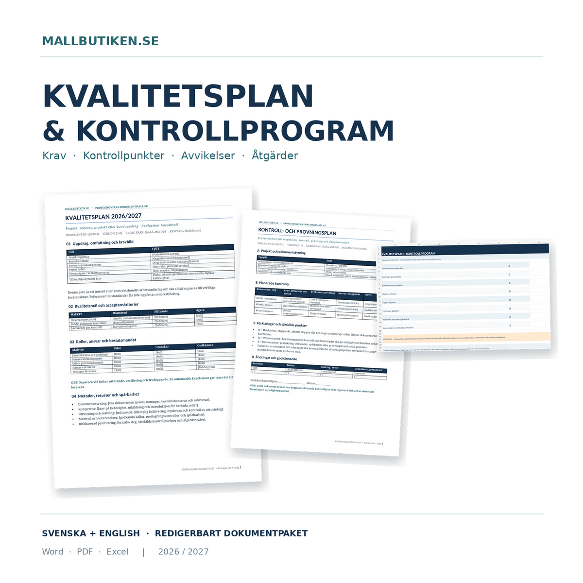Kvalitetsplan och kontrollprogram – Word PDF Excel med verkliga dokumentmallar 2026 2027