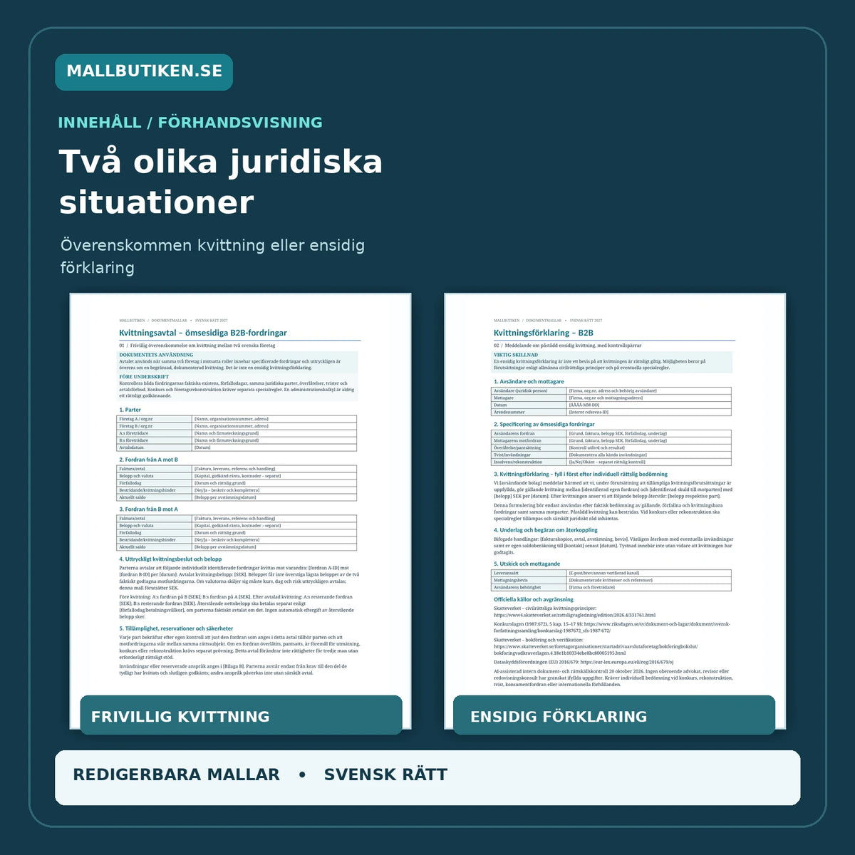 Kvittningsavtal frivilligt och ensidig kvittningsförklaring – förhandsvisning av två svenska dokumentmallar