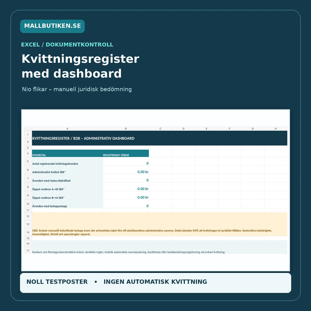 Kvittningsregister Excel med dashboard, nio flikar och manuell juridisk statuskontroll 2027