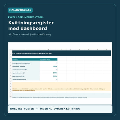 Kvittningsregister Excel med dashboard, nio flikar och manuell juridisk statuskontroll 2027