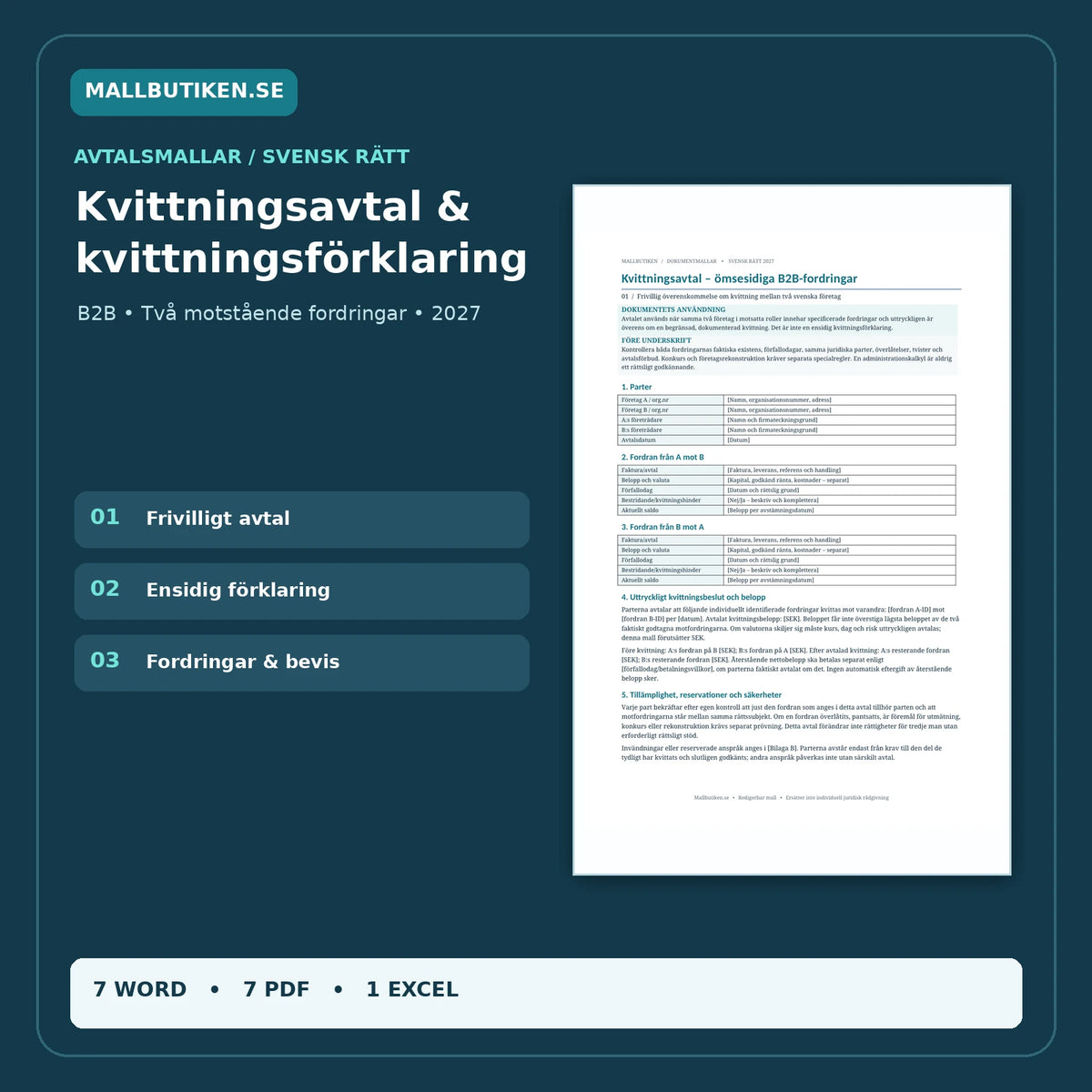 Kvittningsavtal och kvittningsförklaring B2B 2027 – faktiska Word och PDF dokument och Excelregister med nio flikar