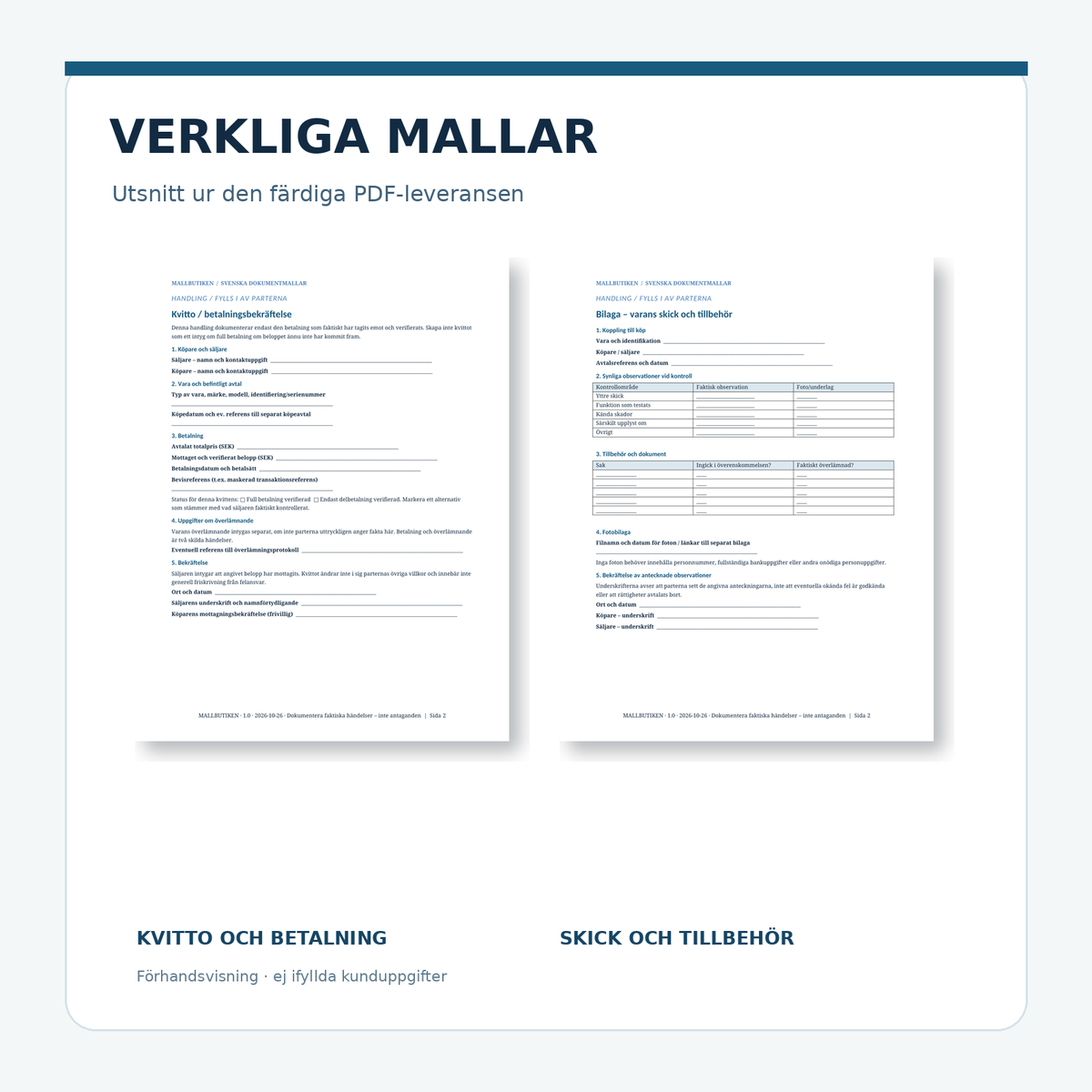 Kvitto och skickbilaga – förhandsvisning av verkliga mallar