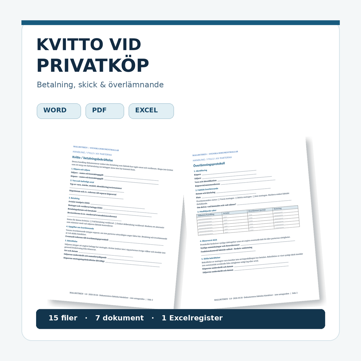 Kvitto vid privatköp – dokumentmallar i Word och PDF med Excelregister