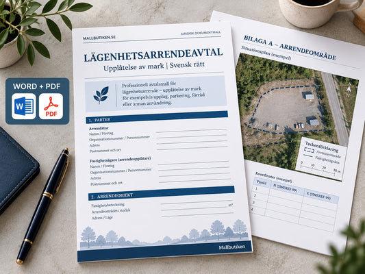 Lägenhetsarrendeavtal Word/PDF 2027 – markavtal med områdesbilaga och guider