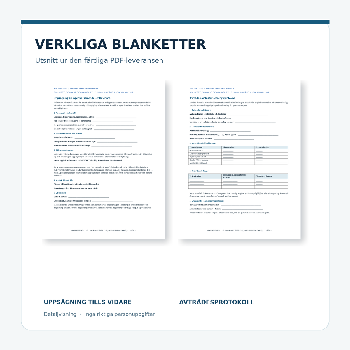 Verkliga PDF-utdrag ur uppsägningsblankett och avträdesprotokoll för lägenhetsarrende
