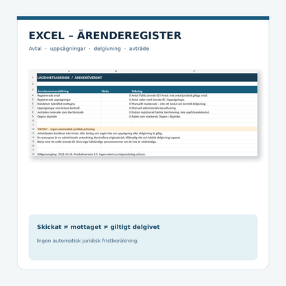 Excel-översikt för registrering av uppsägningar, delgivningshändelser och avträde