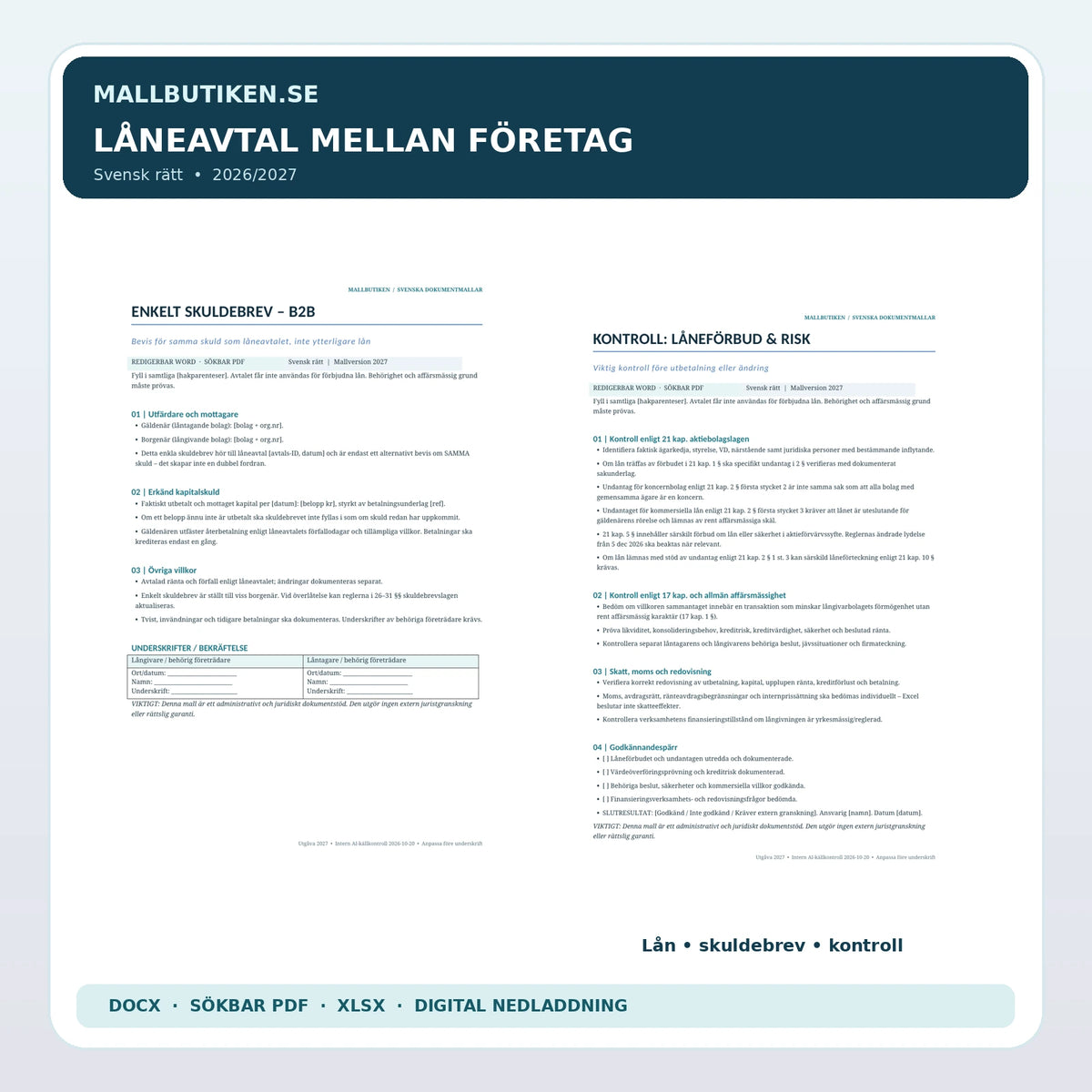 Förhandsvisning av faktiska Word- och PDF-dokument för företagslån, enkelt skuldebrev och låneförbudskontroll