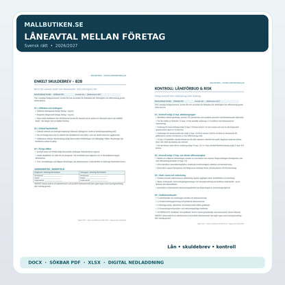 Förhandsvisning av faktiska Word- och PDF-dokument för företagslån, enkelt skuldebrev och låneförbudskontroll