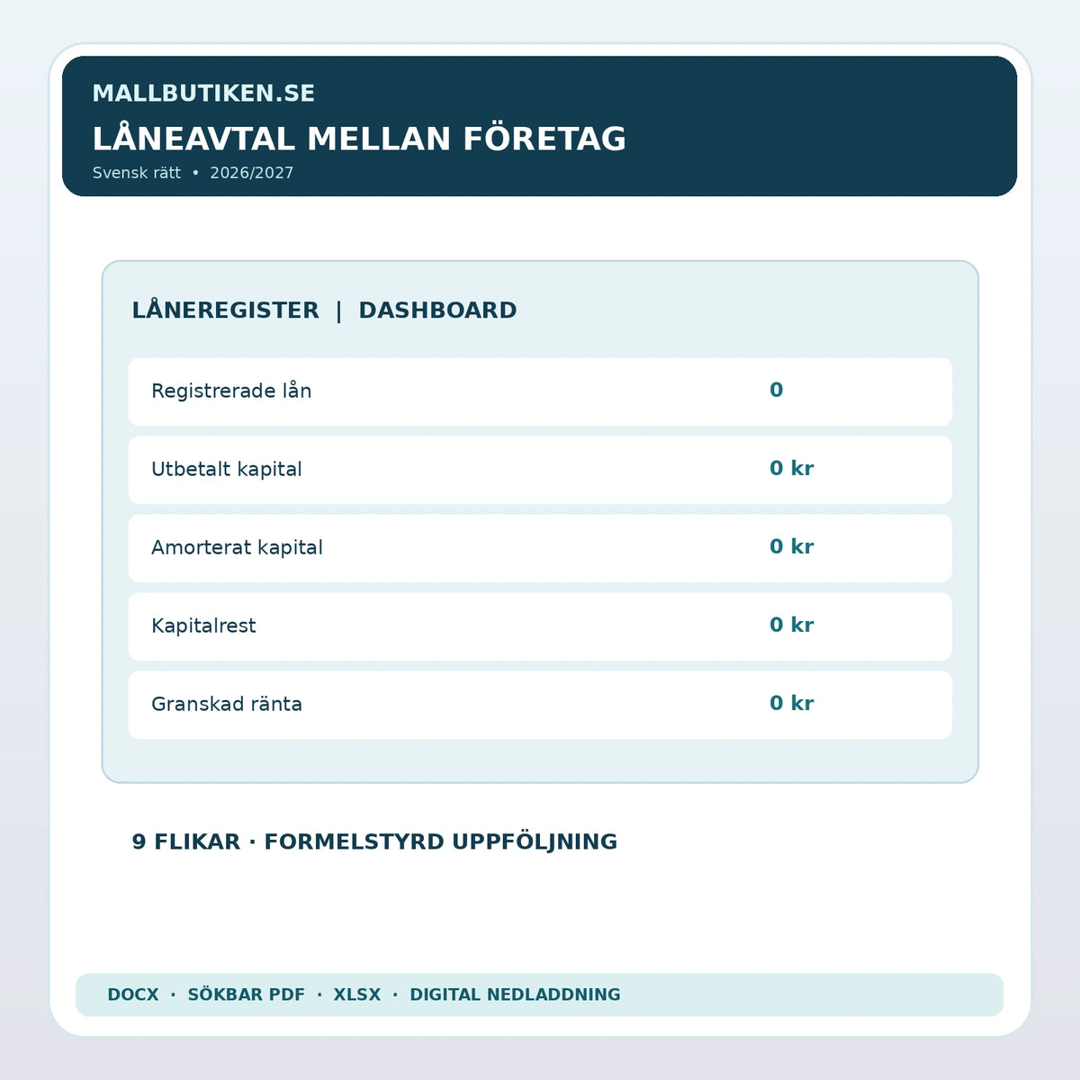Låneregister för svenska företagslån 2027 – nio Excel-flikar, kapitalutbetalningar, amortering, ränta och kontroll