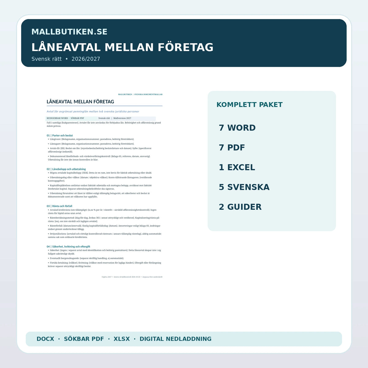 Låneavtal mellan företag B2B 2027 – Wordmall, enkelt skuldebrev, juridisk kontroll och Excelregister, 15 filer