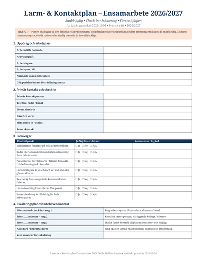 Larm och kontaktplan ensamarbete 2026/2027 snabb hjälp check-in