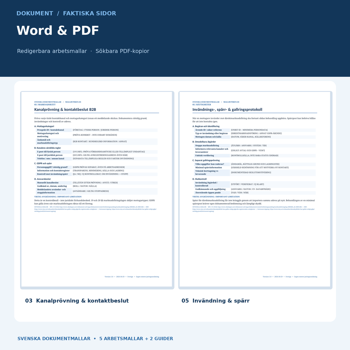 Kanalprövning och invändningsprotokoll ur verkliga Word- och PDF-mallar