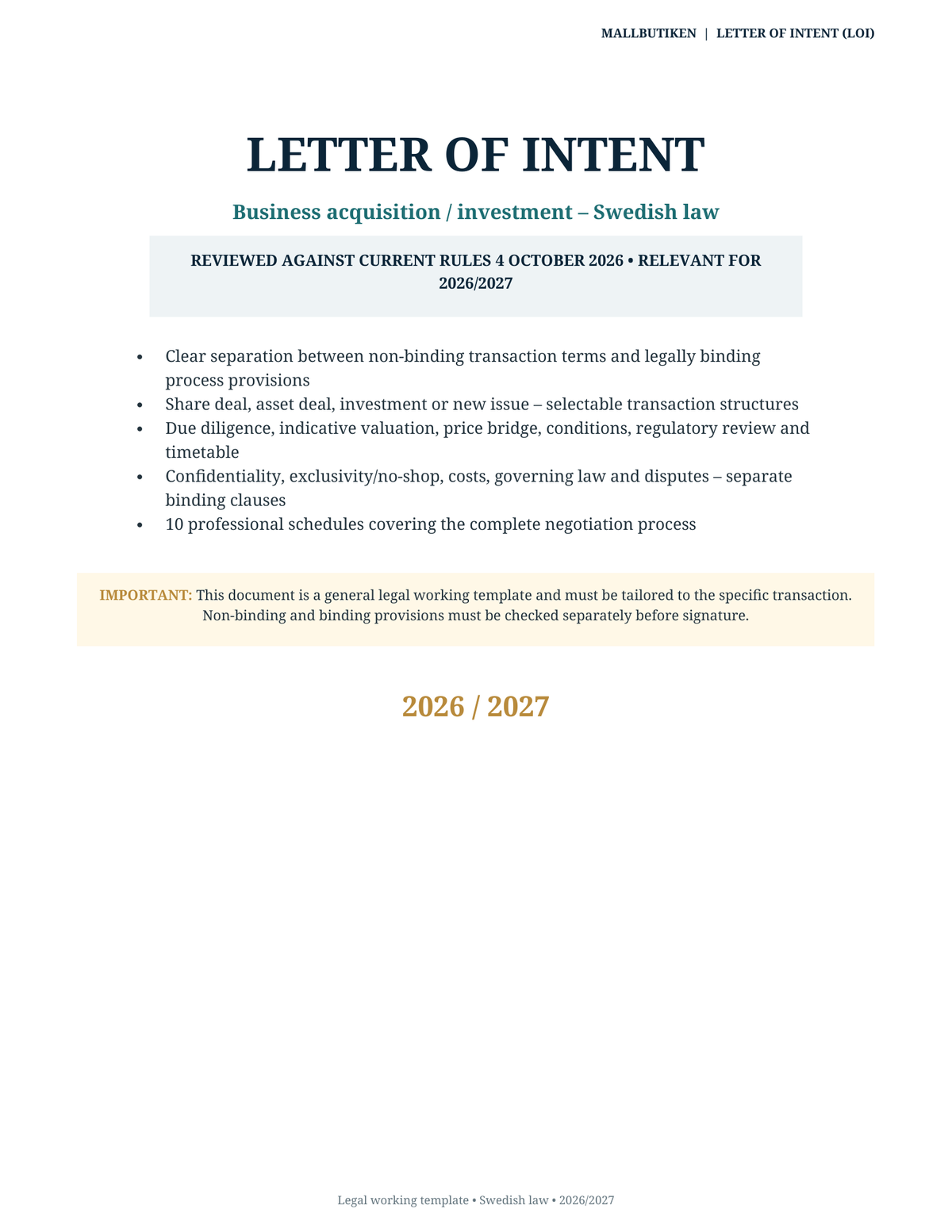 Cover of English Letter of Intent LOI 2026/2027 under Swedish law