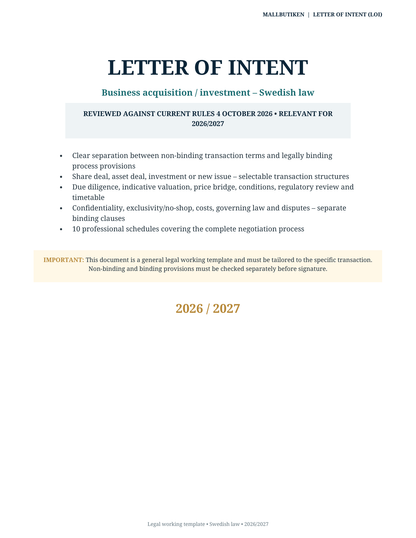 Cover of English Letter of Intent LOI 2026/2027 under Swedish law