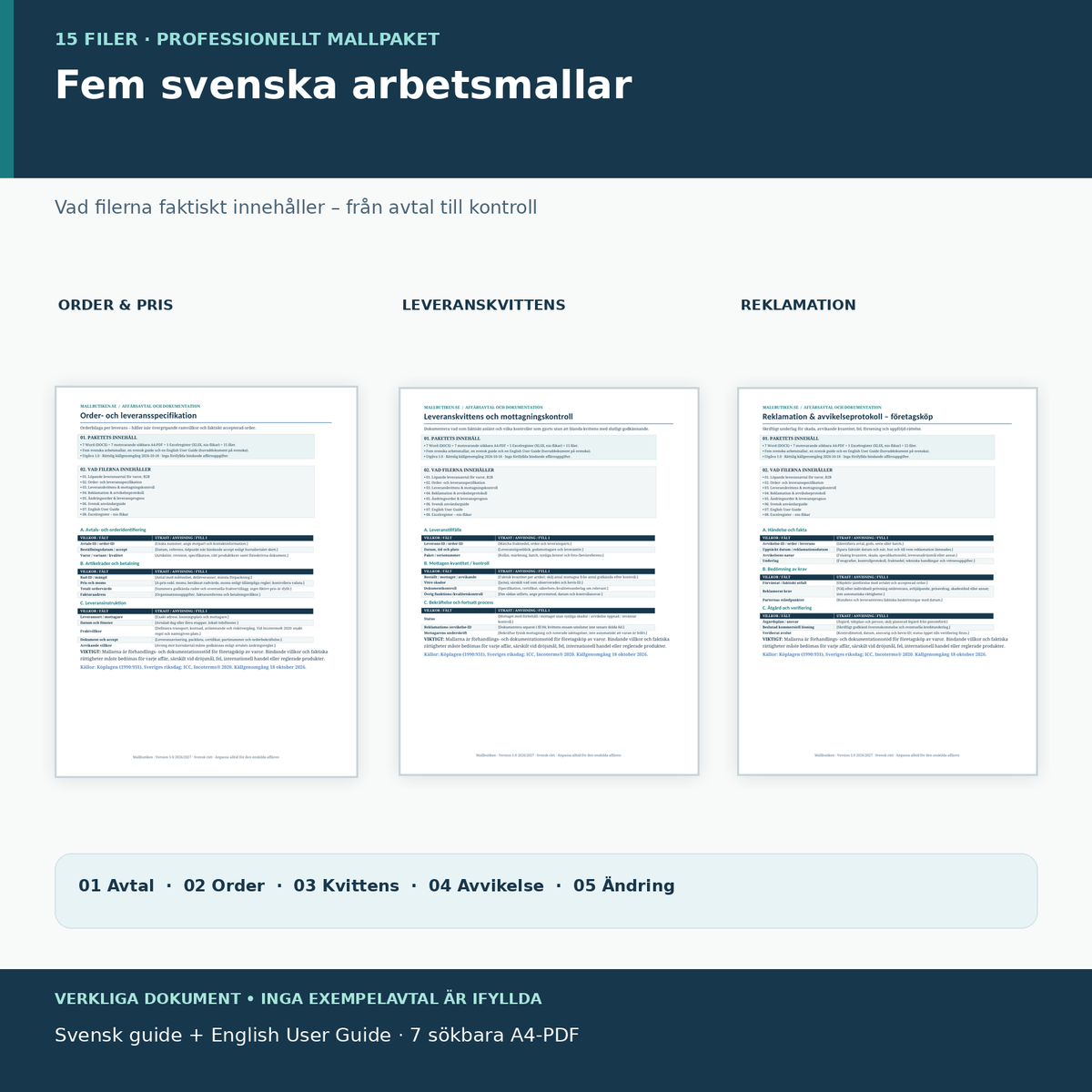 Förhandsvisning av faktiska leveransavtal, kvittenser, reklamations- och ordermallar