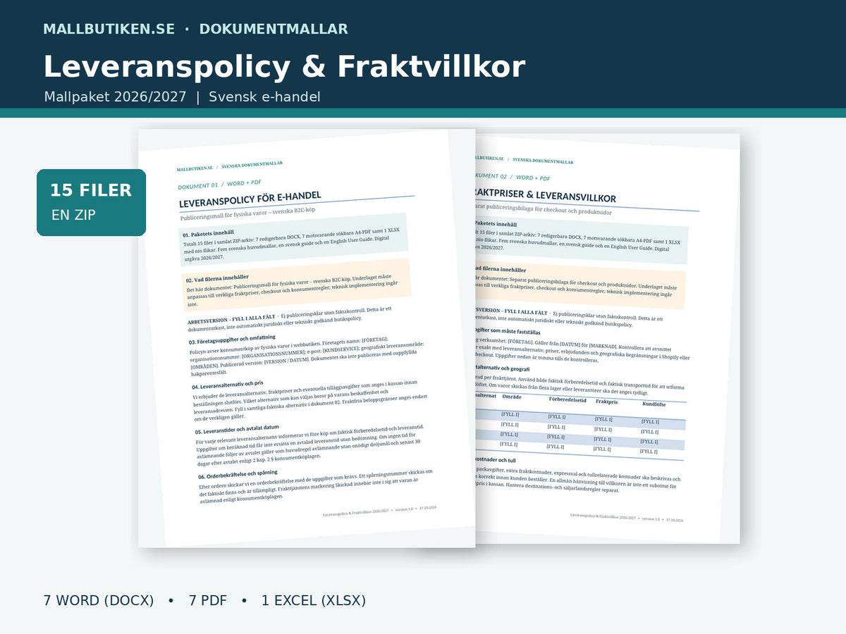 Leveranspolicy och fraktvillkor 2027 – verklig förhandsvisning av Wordmallar och leveransvillkor