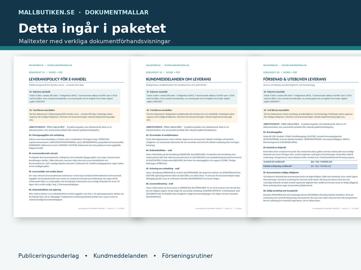 Leveranspolicy för e-handel 2027 – verkliga dokument med fraktvillkor, leveransförsening och kundmeddelanden