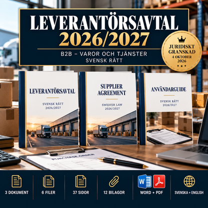 Leverantörsavtal mallpaket 2026/2027 i Word och PDF på svenska och engelska enligt svensk rätt