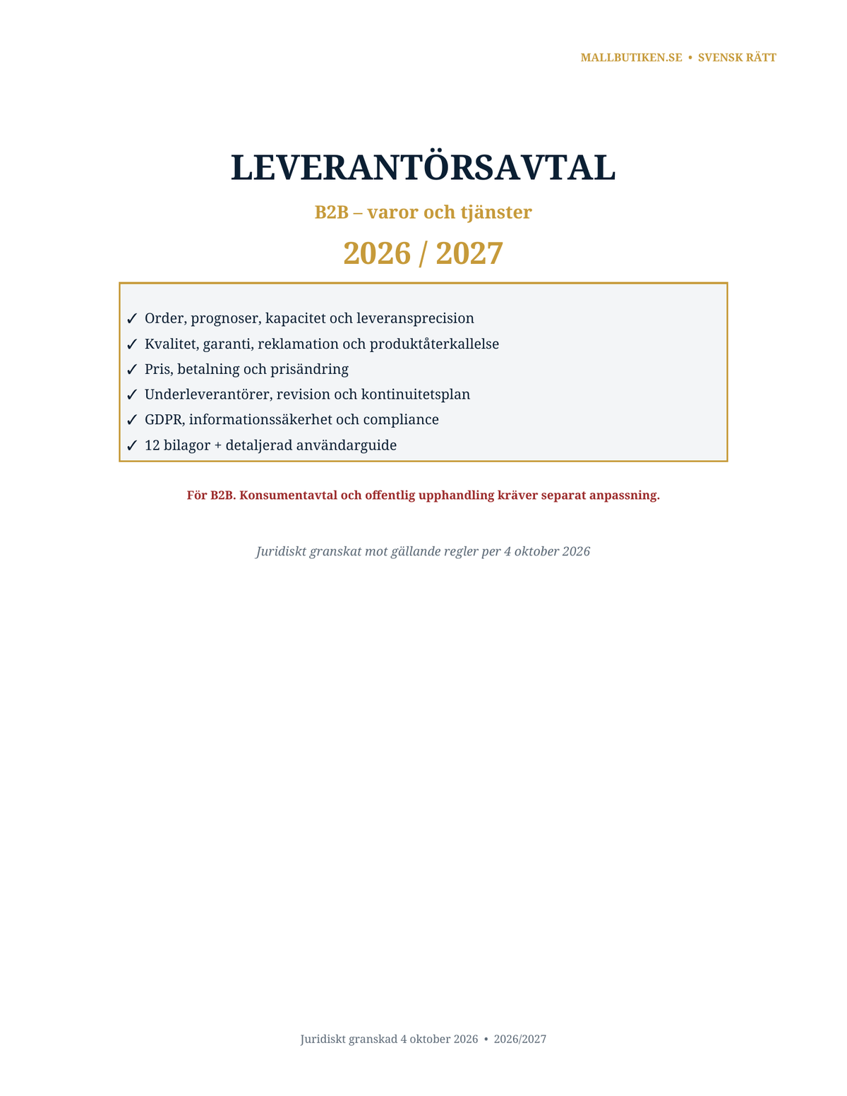 Omslag till svenskt Leverantörsavtal 2026/2027 för B2B-varor och tjänster