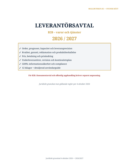 Omslag till svenskt Leverantörsavtal 2026/2027 för B2B-varor och tjänster
